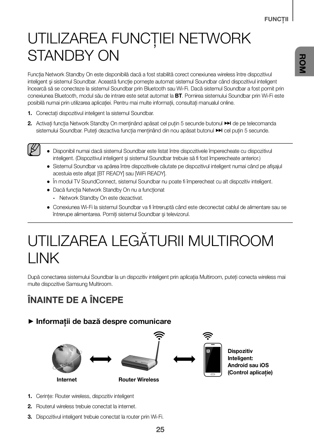 Samsung HW-J650/XN manual Utilizarea Funcţiei Network Standby on, Utilizarea Legăturii Multiroom Link, Înainte DE a Începe 