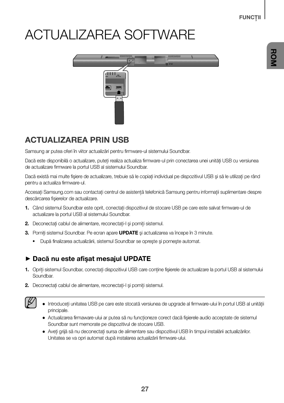 Samsung HW-J651/EN, HW-J650/EN manual Actualizarea Software, Actualizarea Prin USB, ++Dacă nu este afişat mesajul Update 