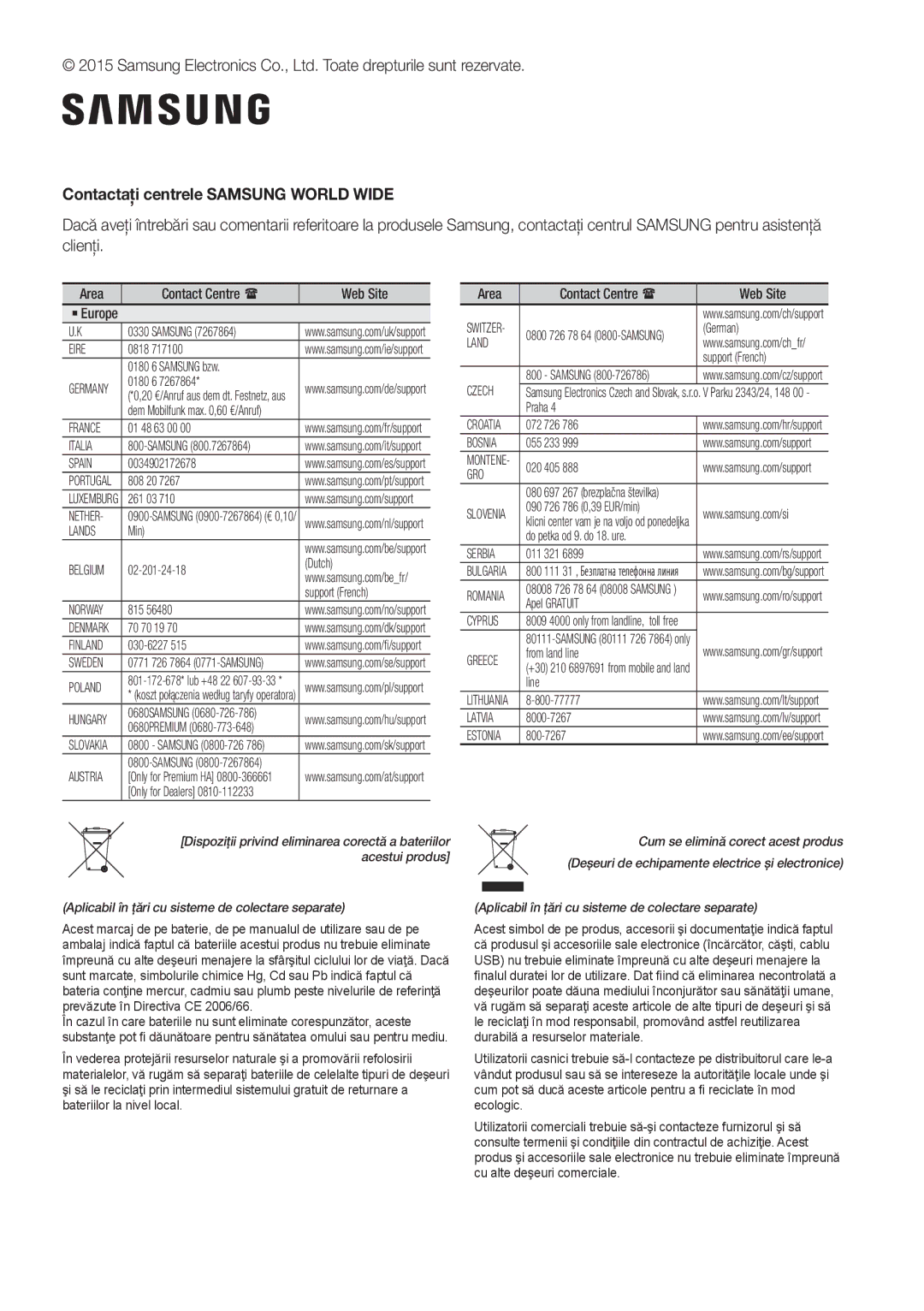 Samsung HW-J651/XN, HW-J650/EN, HW-J651/EN, HW-J651/ZF, HW-J661/XE, HW-J660/XE manual Contactaţi centrele Samsung World Wide 