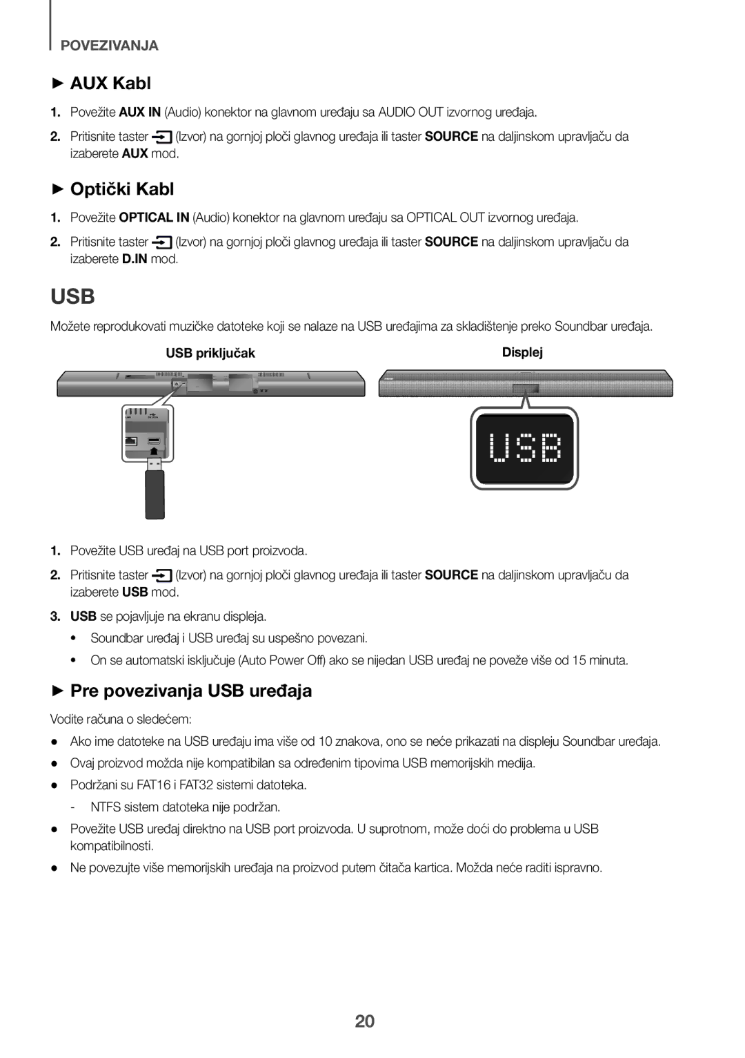 Samsung HW-J650/EN ++AUX Kabl, ++Optički Kabl, ++Pre povezivanja USB uređaja, USB priključak, Vodite računa o sledećem 