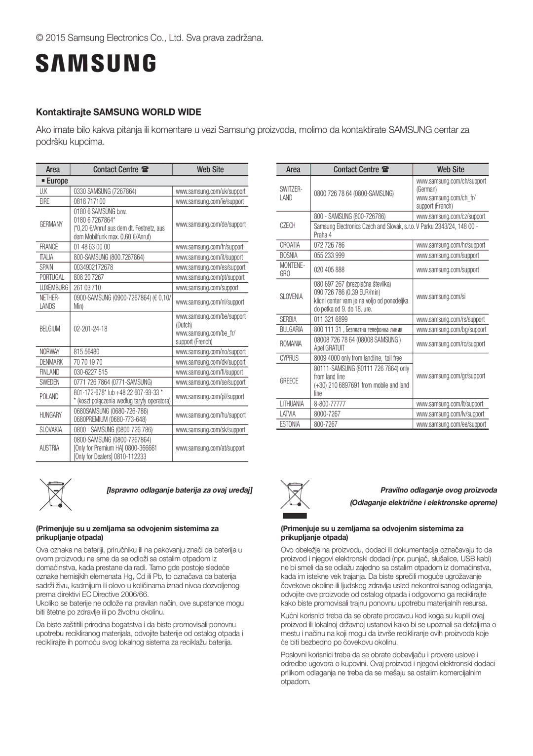 Samsung HW-J660/XE, HW-J650/EN, HW-J651/EN, HW-J651/ZF, HW-J661/XE, HW-J651/XN, HW-J650/XN Kontaktirajte Samsung World Wide 