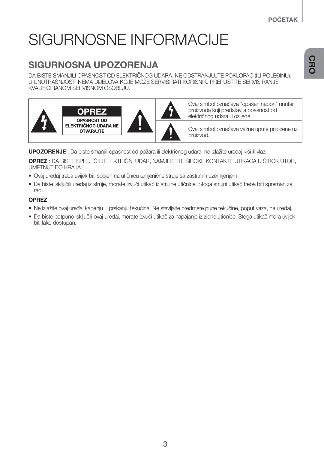 Samsung HW-J650/EN, HW-J651/EN, HW-J651/ZF, HW-J661/XE Proizvoda koji predstavlja opasnost od, Električnog udara ili ozljede 