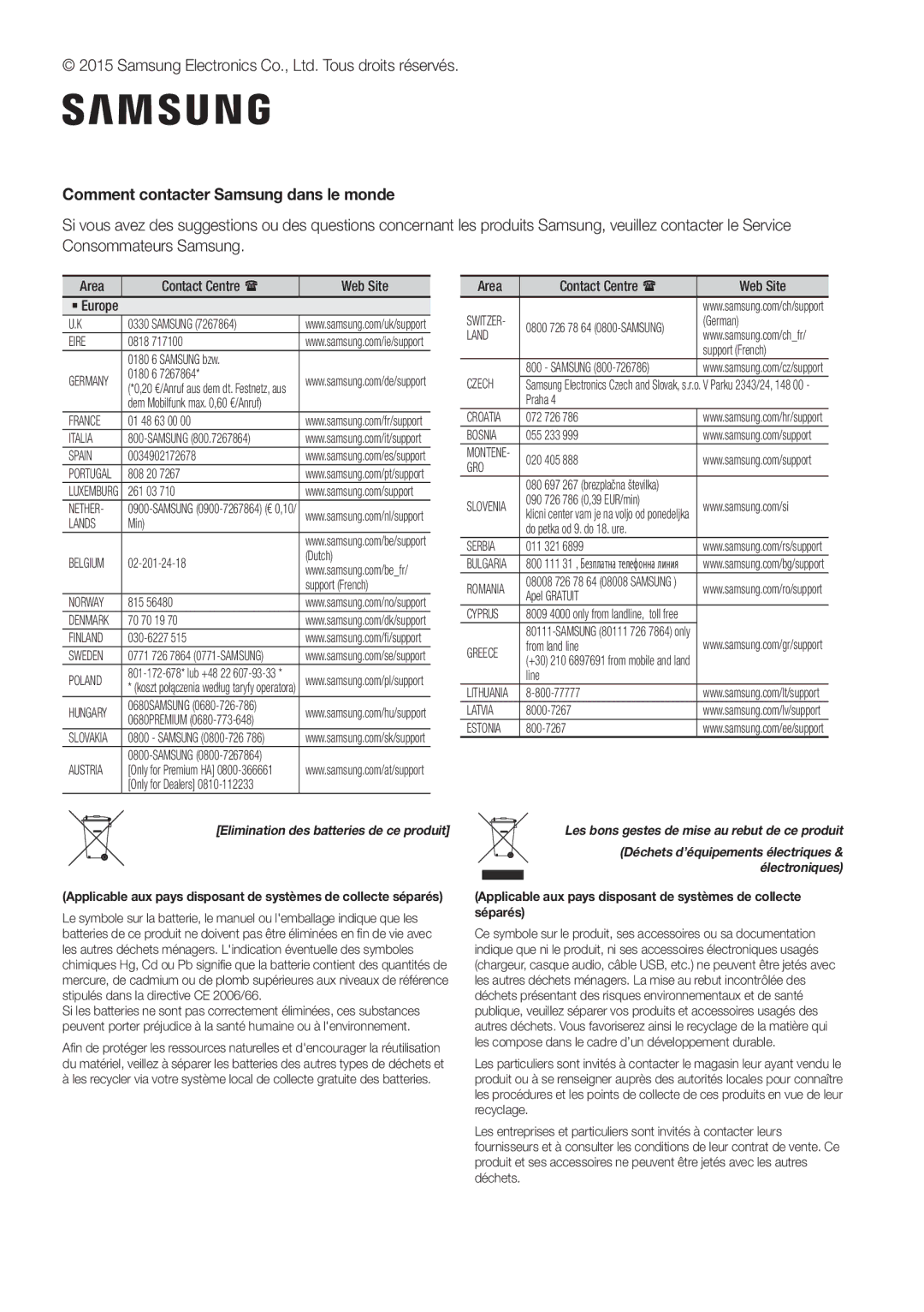 Samsung HW-J650/XN, HW-J650/EN, HW-J651/EN Comment contacter Samsung dans le monde, Elimination des batteries de ce produit 