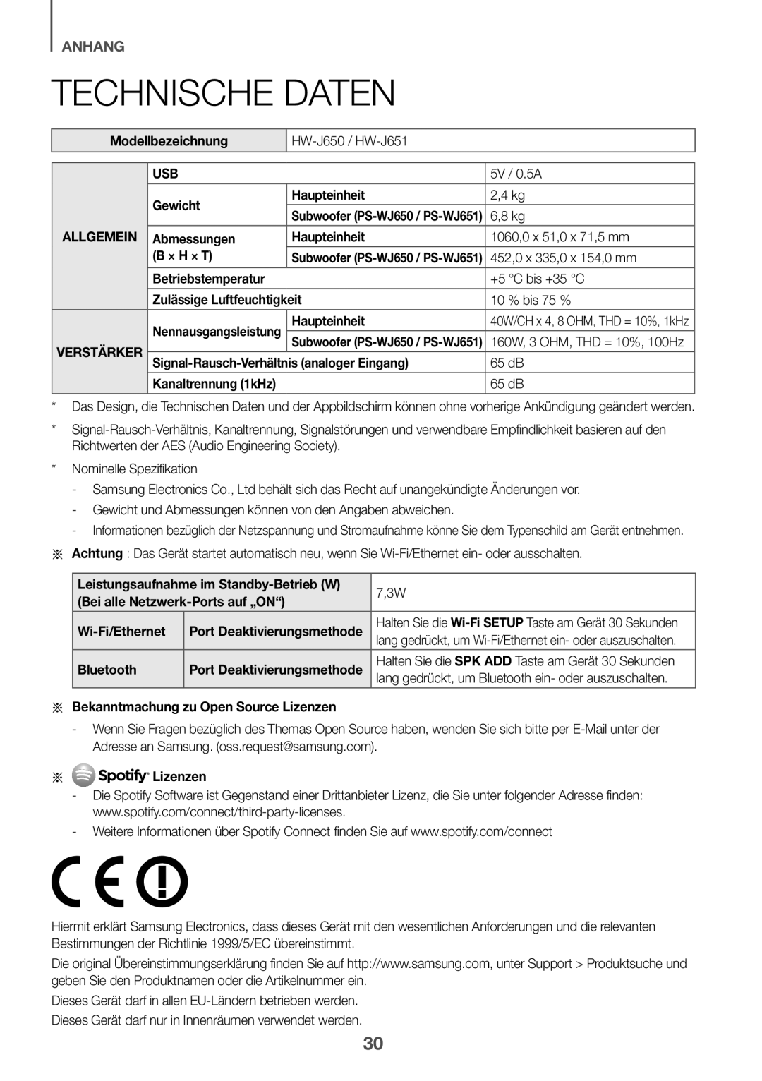 Samsung HW-J651/EN manual Modellbezeichnung, Gewicht Haupteinheit, Abmessungen Haupteinheit 1060,0 x 51,0 x 71,5 mm × H × T 