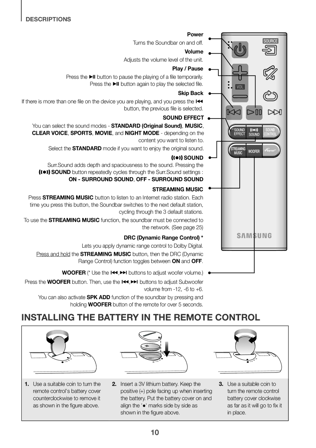 Samsung HW-J661/XE, HW-J650/EN Installing the Battery in the Remote Control, Power, Turns the Soundbar on and off, Volume 