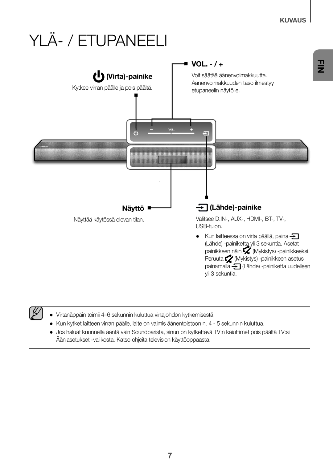 Samsung HW-J651/ZF, HW-J650/EN, HW-J651/EN, HW-J661/XE, HW-J660/XE, HW-J651/XN, HW-J650/XN manual YLÄ- / Etupaneeli 