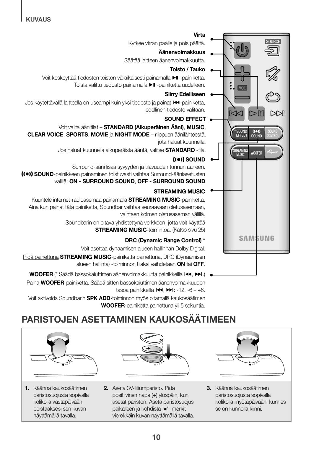 Samsung HW-J651/XN, HW-J650/EN, HW-J651/EN, HW-J651/ZF, HW-J661/XE, HW-J660/XE manual Paristojen Asettaminen Kaukosäätimeen 