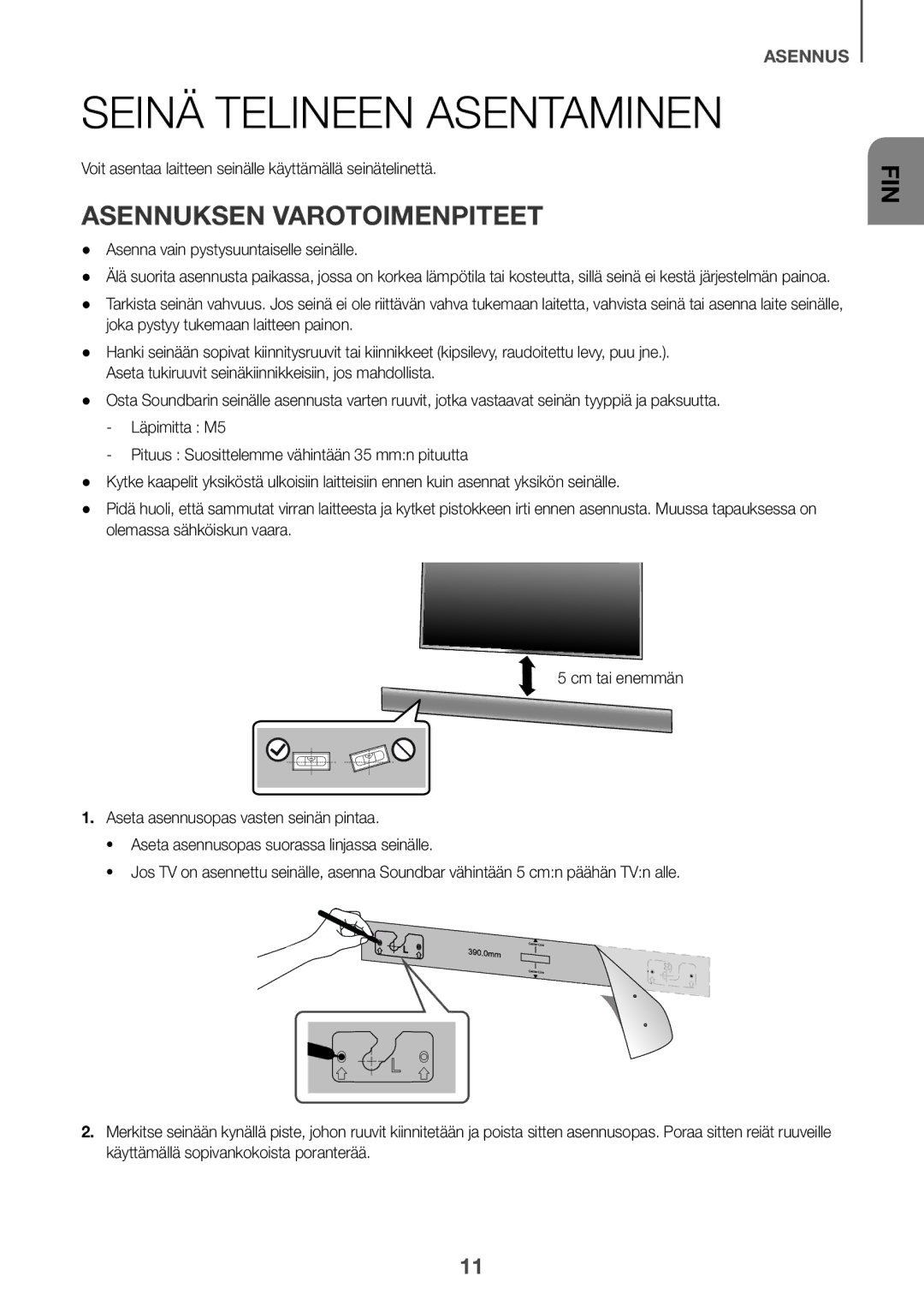 Samsung HW-J650/XN manual Seinä Telineen Asentaminen, Asennuksen Varotoimenpiteet, Asenna vain pystysuuntaiselle seinälle 