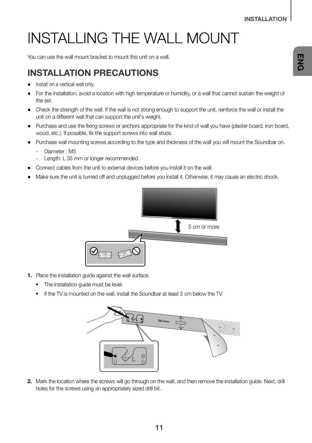 Samsung HW-J660/XE, HW-J650/EN, HW-J651/EN, HW-J651/ZF, HW-J661/XE manual Installing the Wall Mount, Installation Precautions 