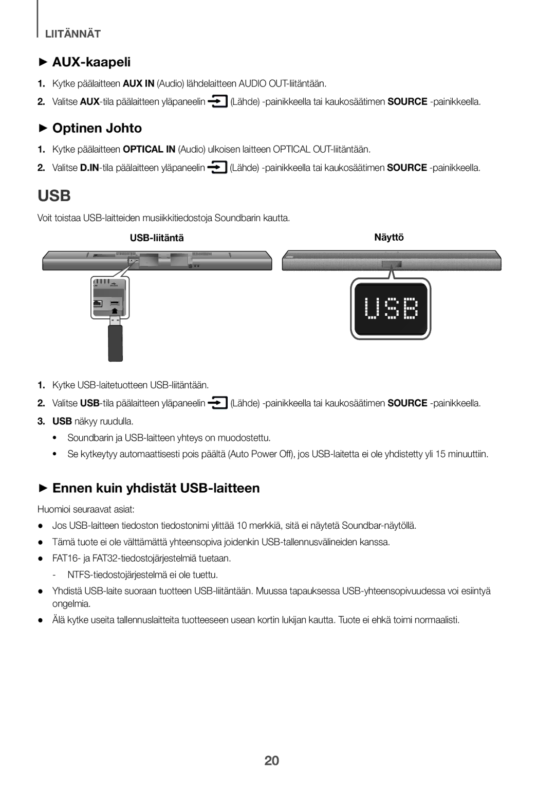 Samsung HW-J651/EN, HW-J650/EN ++AUX-kaapeli, ++Optinen Johto, ++Ennen kuin yhdistät USB-laitteen, Näyttö, USB-liitäntä 