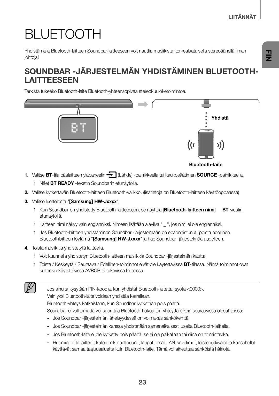 Samsung HW-J660/XE, HW-J650/EN manual Soundbar -JÄRJESTELMÄN Yhdistäminen BLUETOOTH- Laitteeseen, Yhdistä Bluetooth-laite 