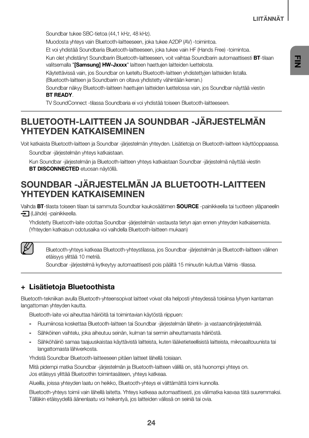 Samsung HW-J651/XN, HW-J650/EN, HW-J651/EN, HW-J651/ZF, HW-J661/XE, HW-J660/XE, HW-J650/XN manual ++Lisätietoja Bluetoothista 