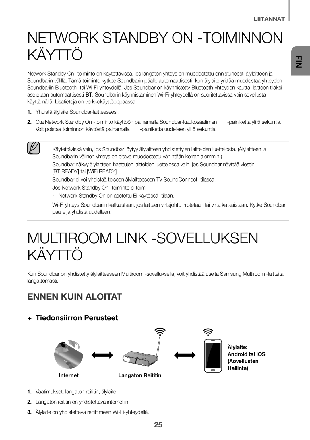 Samsung HW-J650/XN manual Network Standby on -TOIMINNON Käyttö, Multiroom Link -SOVELLUKSEN Käyttö, Ennen Kuin Aloitat 