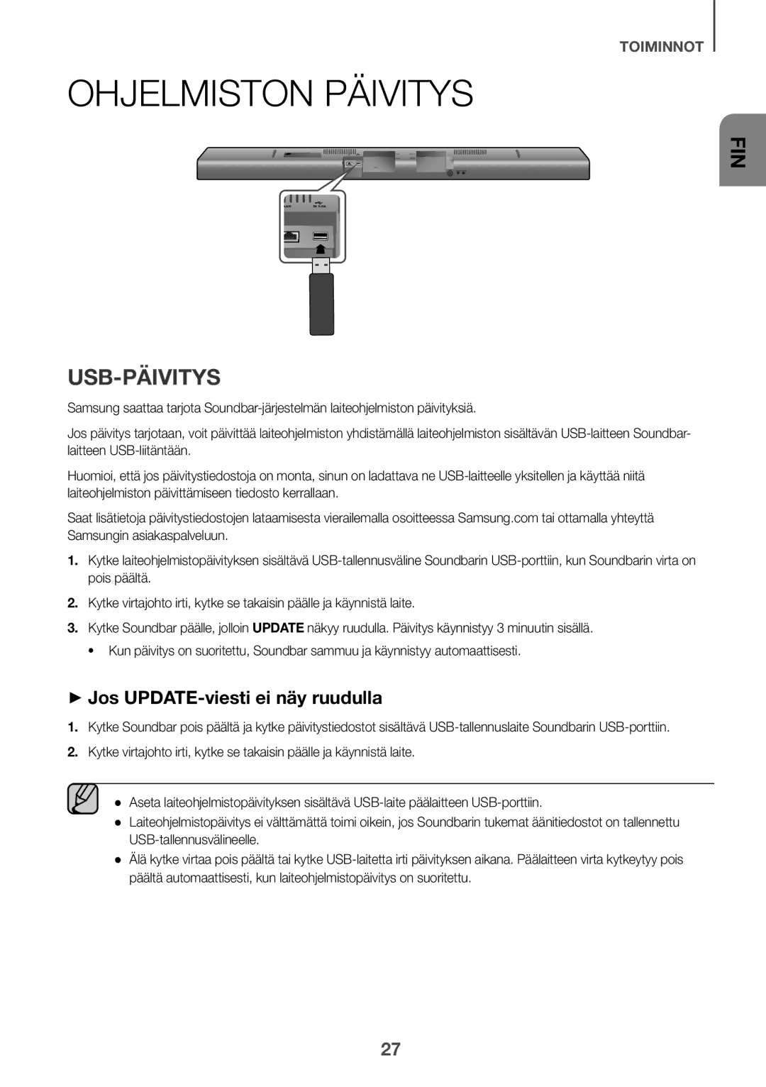 Samsung HW-J651/EN, HW-J650/EN, HW-J651/ZF manual Ohjelmiston Päivitys, Usb-Päivitys, ++Jos UPDATE-viesti ei näy ruudulla 