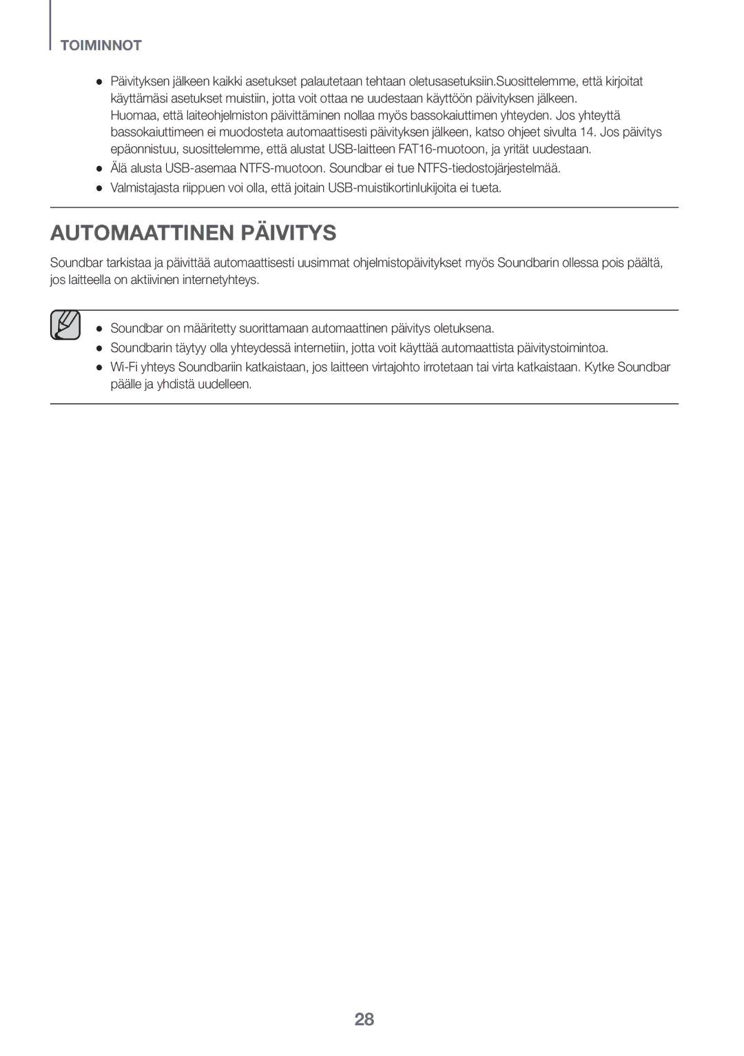 Samsung HW-J651/ZF, HW-J650/EN, HW-J651/EN, HW-J661/XE, HW-J660/XE, HW-J651/XN, HW-J650/XN manual Automaattinen Päivitys 