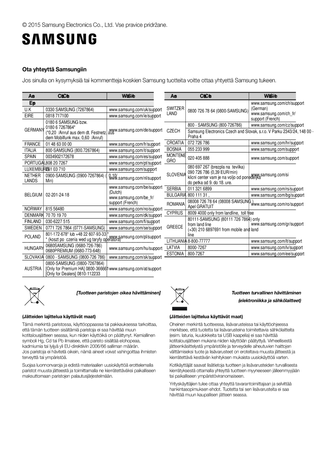 Samsung HW-J651/XN, HW-J650/EN, HW-J651/EN, HW-J651/ZF manual Ota yhteyttä Samsungiin, Tuotteen paristojen oikea hävittäminen 