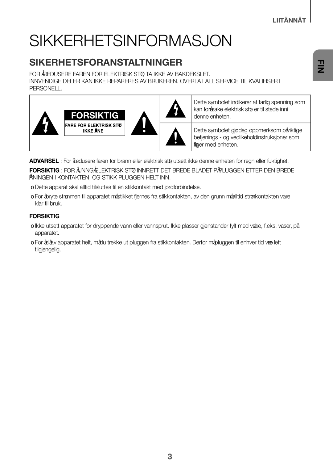 Samsung HW-J651/EN, HW-J650/EN, HW-J651/ZF, HW-J661/XE, HW-J660/XE manual Sikkerhetsinformasjon, Sikerhetsforanstaltninger 