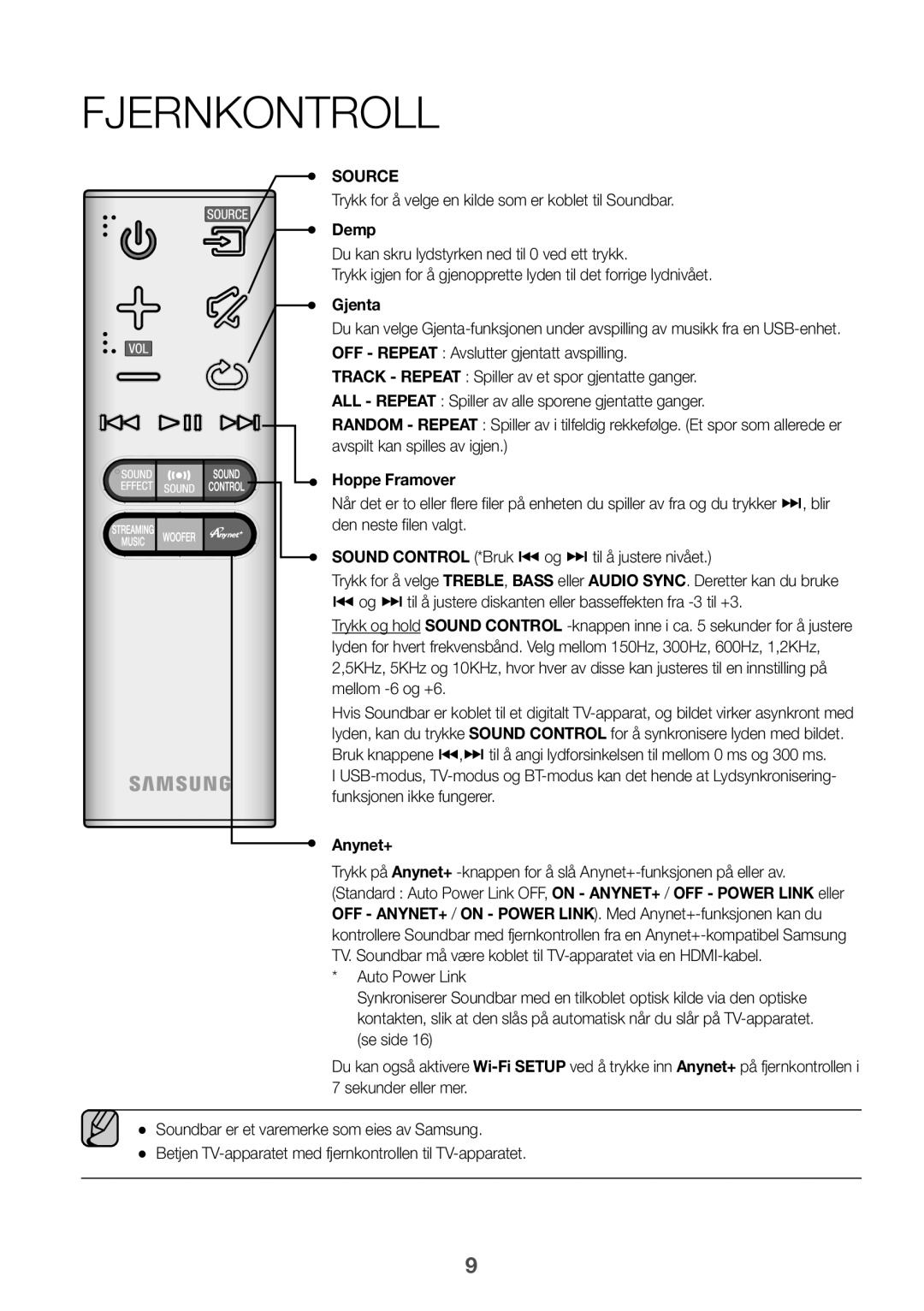 Samsung HW-J650/EN Fjernkontroll, Trykk for å velge en kilde som er koblet til Soundbar, Demp, Gjenta, Hoppe Framover 