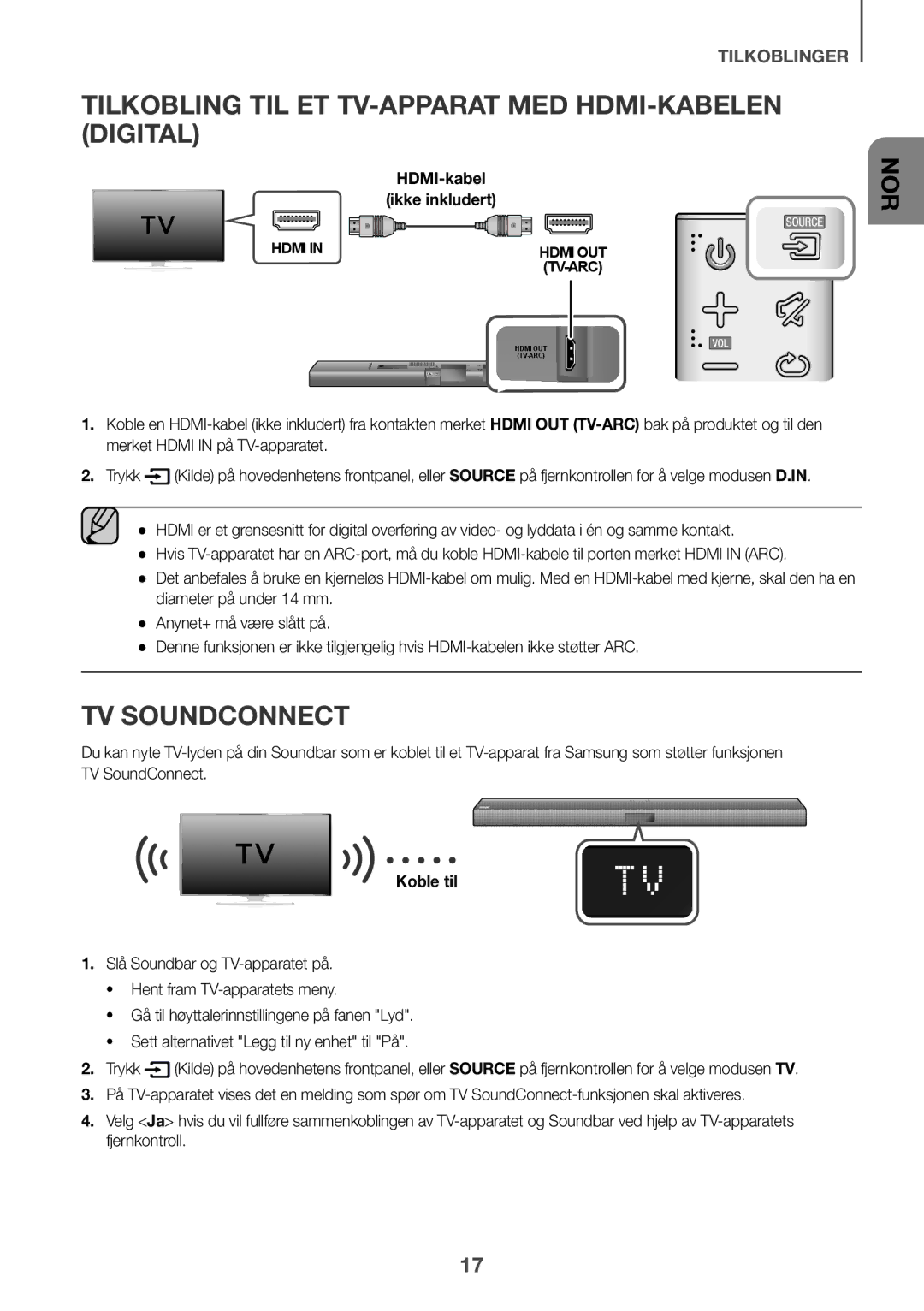 Samsung HW-J651/EN, HW-J650/EN Tilkobling TIL ET TV-APPARAT MED HDMI-KABELEN Digital, HDMI-kabel Ikke inkludert, Koble til 