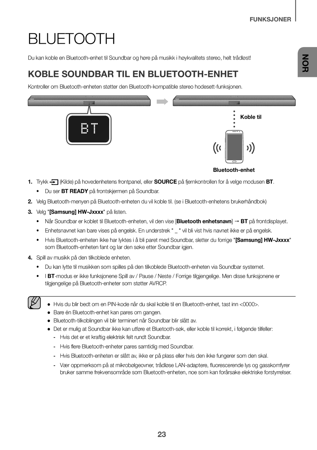 Samsung HW-J650/EN manual Koble Soundbar TIL EN BLUETOOTH-ENHET, Koble til Bluetooth-enhet, Velg Samsung HW-Jxxxx på listen 