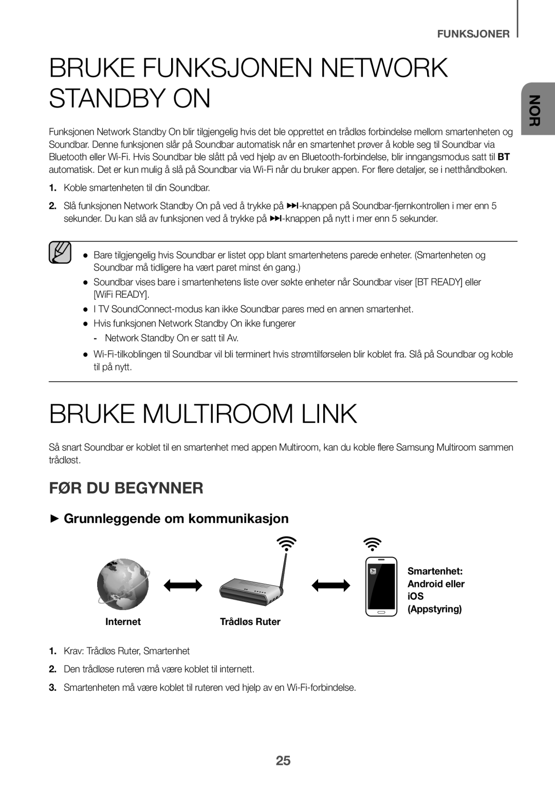 Samsung HW-J651/ZF, HW-J650/EN, HW-J651/EN manual Bruke Funksjonen Network Standby on, Bruke Multiroom Link, FØR DU Begynner 