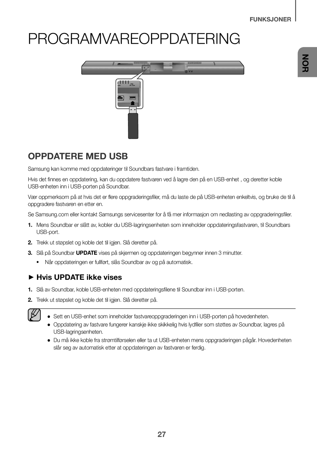 Samsung HW-J660/XE, HW-J650/EN, HW-J651/EN, HW-J651/ZF, HW-J661/XE, HW-J651/XN manual Programvareoppdatering, Oppdatere MED USB 