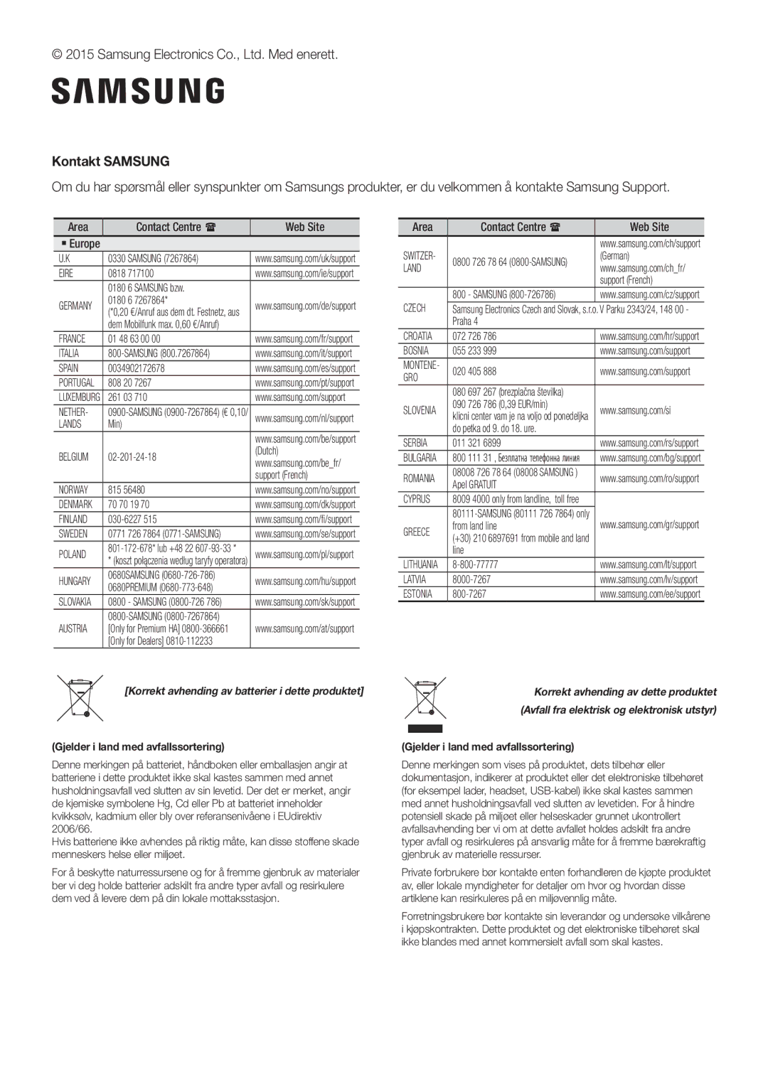 Samsung HW-J651/EN, HW-J650/EN, HW-J651/ZF, HW-J661/XE, HW-J660/XE manual Korrekt avhending av batterier i dette produktet 