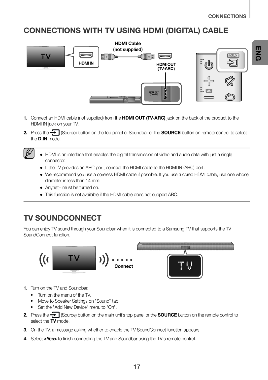 Samsung HW-J661/XE, HW-J650/EN, HW-J651/EN, HW-J651/ZF manual Connections with TV Using Hdmi Digital Cable, TV Soundconnect 