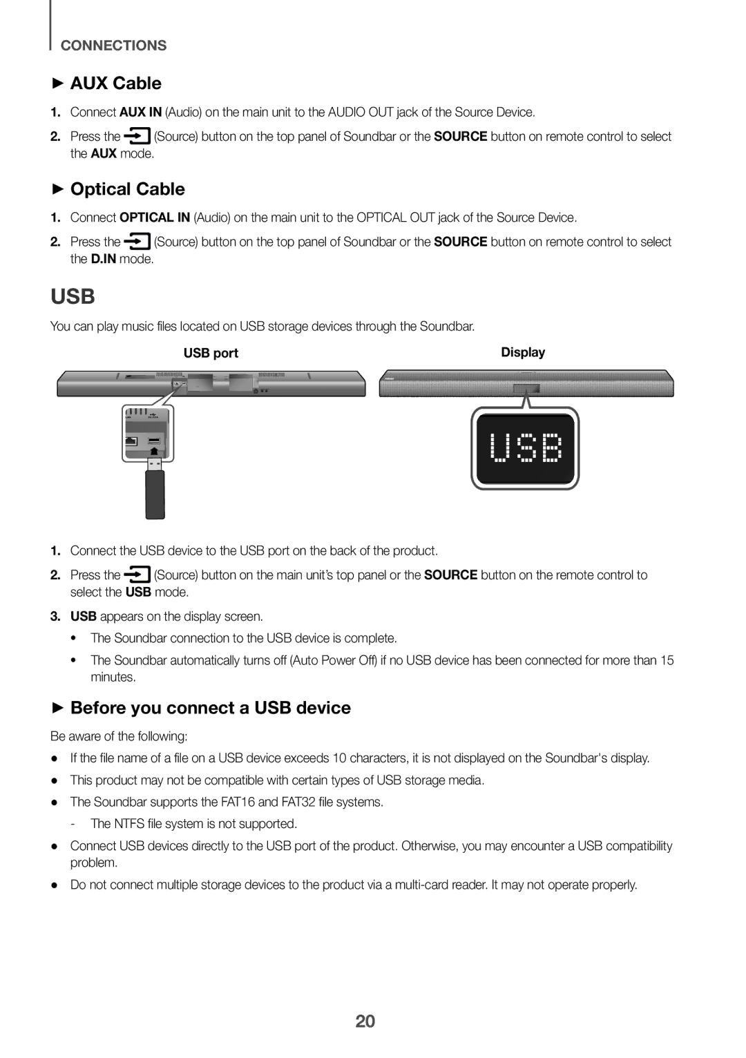 Samsung HW-J650/XN, HW-J650/EN, HW-J651/EN Usb, ++AUX Cable, ++Optical Cable, ++Before you connect a USB device, USB port 