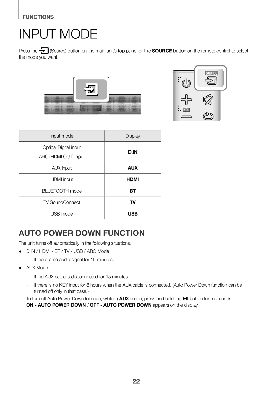 Samsung HW-J651/EN, HW-J650/EN, HW-J651/ZF, HW-J661/XE, HW-J660/XE, HW-J651/XN, HW-J650/XN Input Mode, Auto Power Down Function 