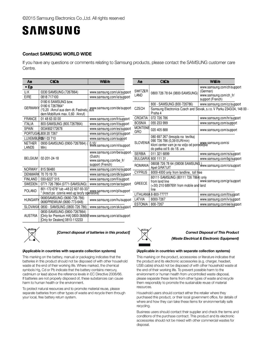 Samsung HW-J661/XE, HW-J650/EN, HW-J651/EN, HW-J651/ZF, HW-J660/XE Contact Samsung World Wide, Area Contact Centre  Web Site 