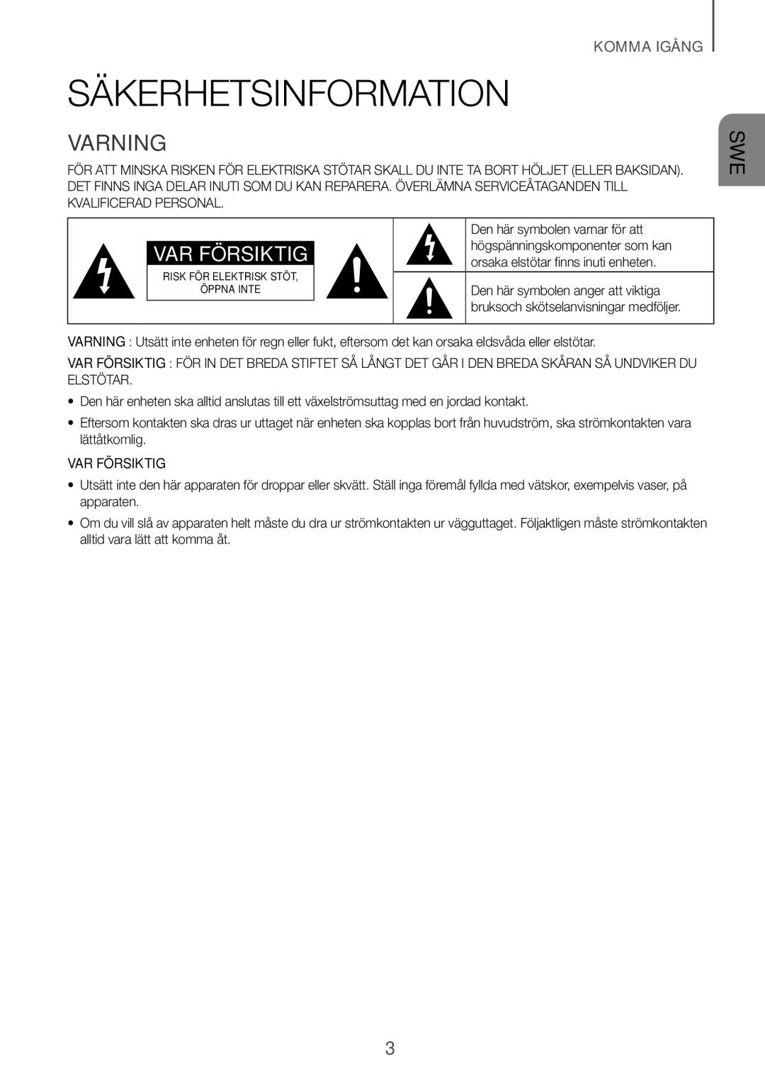 Samsung HW-J650/XN, HW-J650/EN, HW-J651/EN, HW-J651/ZF, HW-J661/XE, HW-J660/XE, HW-J651/XN manual Säkerhetsinformation, Varning 