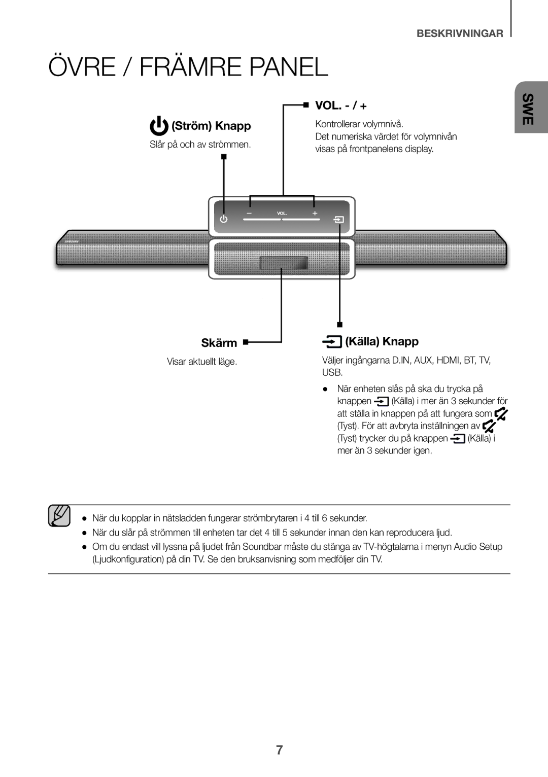 Samsung HW-J661/XE, HW-J650/EN, HW-J651/EN manual Övre / Främre Panel, Kontrollerar volymnivå, Visas på frontpanelens display 