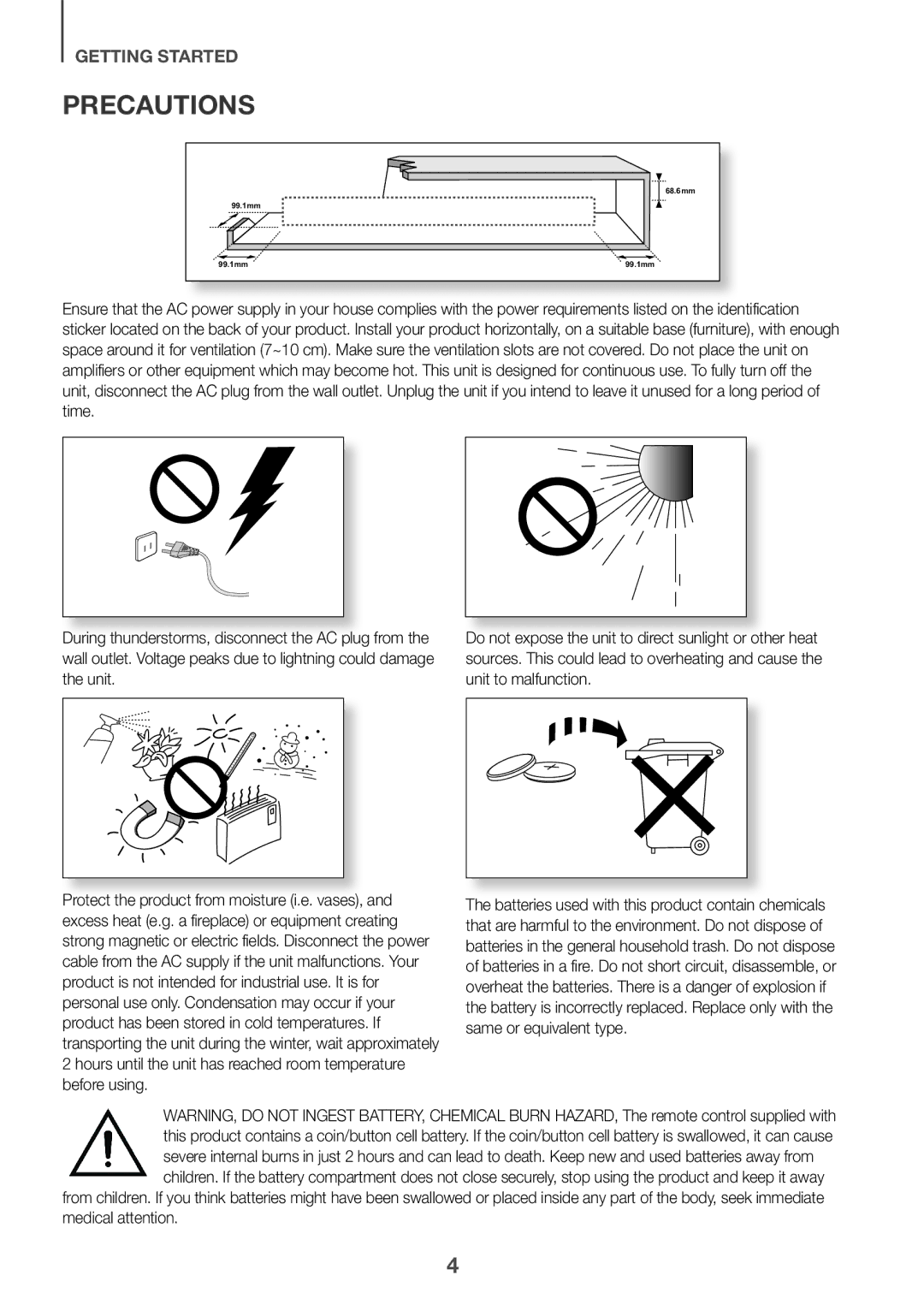 Samsung HW-J660/XE, HW-J650/EN, HW-J651/EN, HW-J651/ZF, HW-J661/XE, HW-J651/XN, HW-J650/XN manual Precautions 