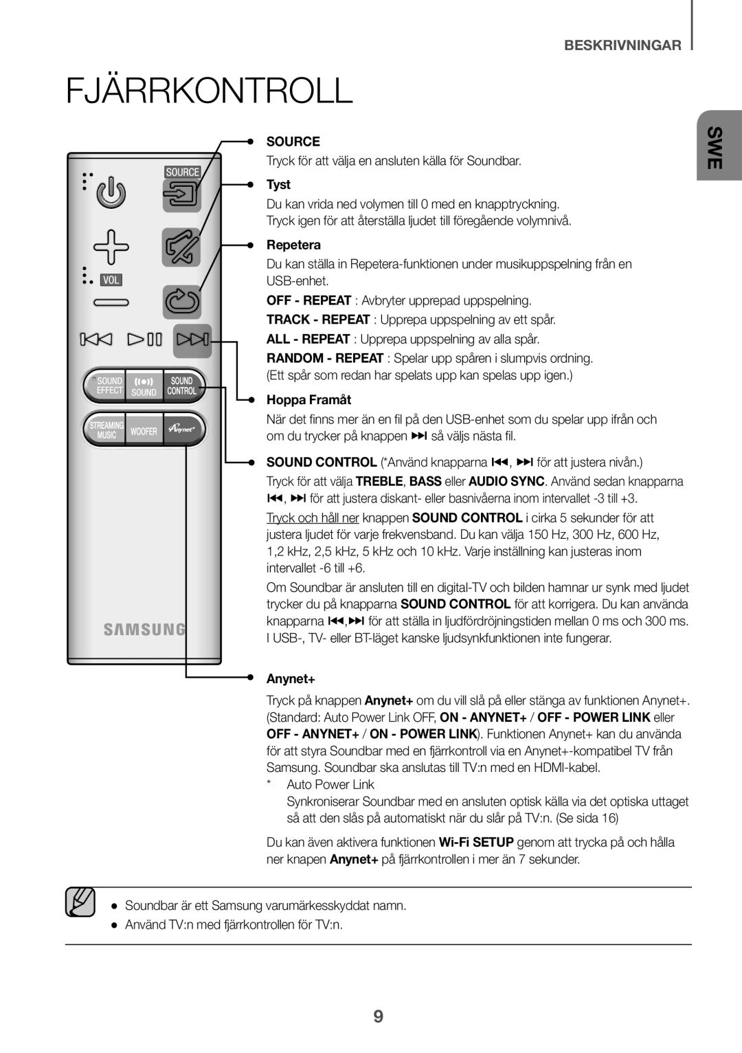 Samsung HW-J651/XN manual Fjärrkontroll, Tryck för att välja en ansluten källa för Soundbar, Tyst, Repetera, Hoppa Framåt 