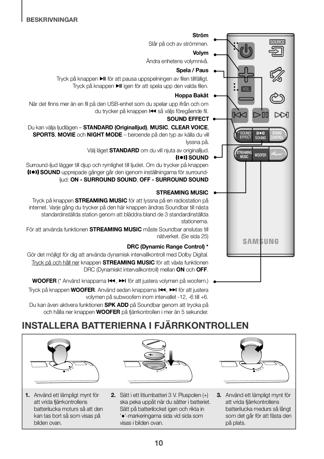 Samsung HW-J650/XN, HW-J650/EN, HW-J651/EN manual Installera Batterierna I Fjärrkontrollen, Ström, Spela / Paus, Hoppa Bakåt 