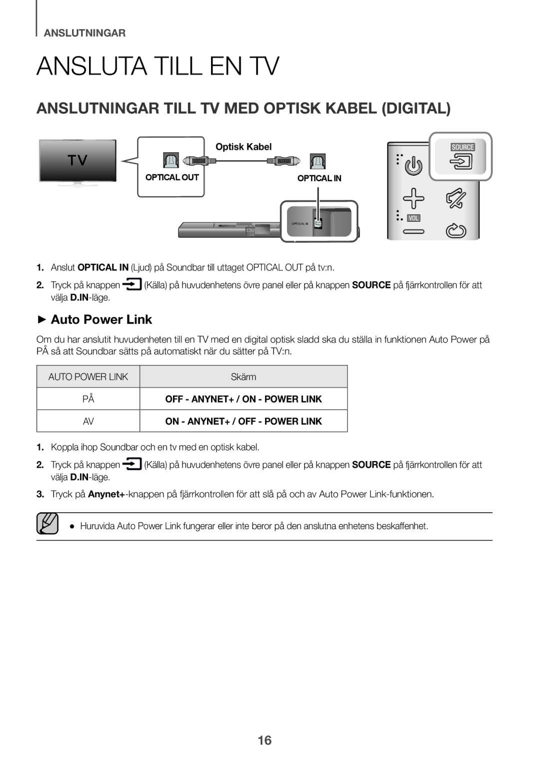 Samsung HW-J651/XN, HW-J650/EN Ansluta Till EN TV, Anslutningar Till TV MED Optisk Kabel Digital, Välja D.IN-läge, Skärm 