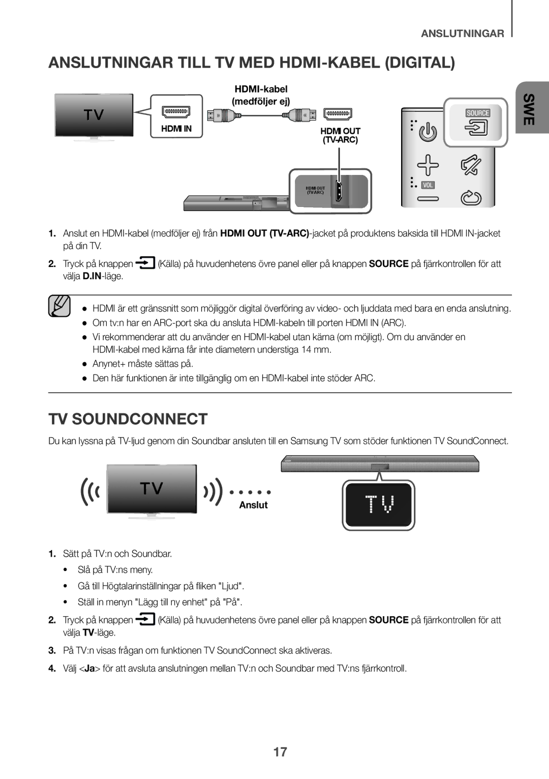 Samsung HW-J650/XN, HW-J650/EN, HW-J651/EN, HW-J651/ZF, HW-J661/XE, HW-J660/XE Anslutningar Till TV MED HDMI-KABEL Digital 