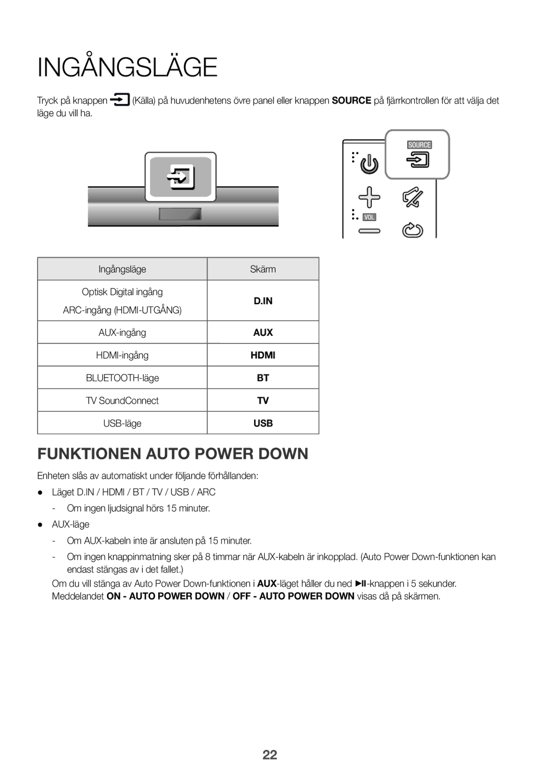 Samsung HW-J660/XE, HW-J650/EN, HW-J651/EN, HW-J651/ZF Funktionen Auto Power Down, Läge du vill ha Ingångsläge Skärm 