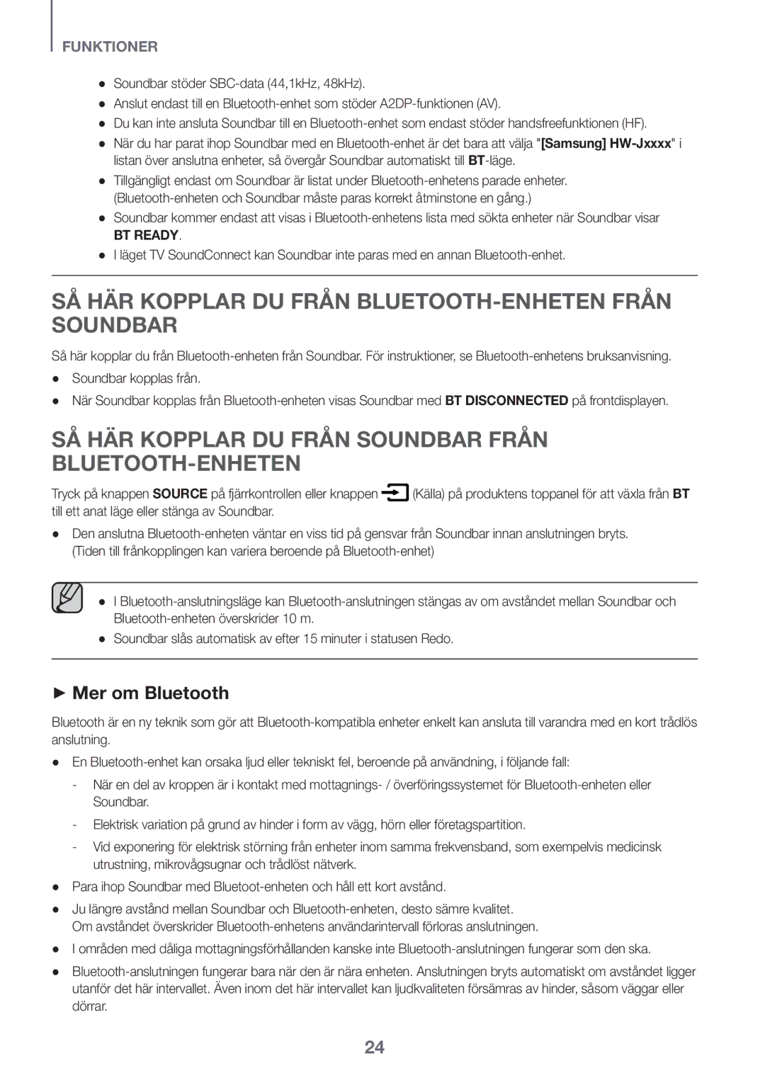 Samsung HW-J650/XN, HW-J650/EN, HW-J651/EN manual SÅ HÄR Kopplar DU Från BLUETOOTH-ENHETEN Från Soundbar, ++Mer om Bluetooth 