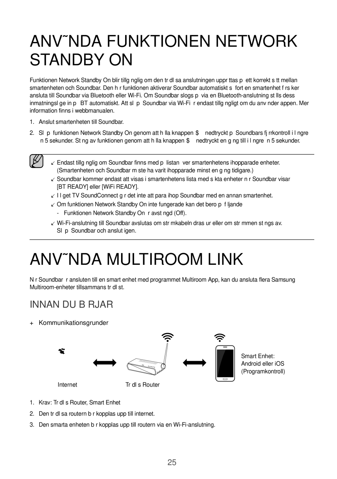 Samsung HW-J650/EN, HW-J651/EN, HW-J651/ZF Använda Funktionen Network Standby on, Använda Multiroom Link, Innan DU Börjar 