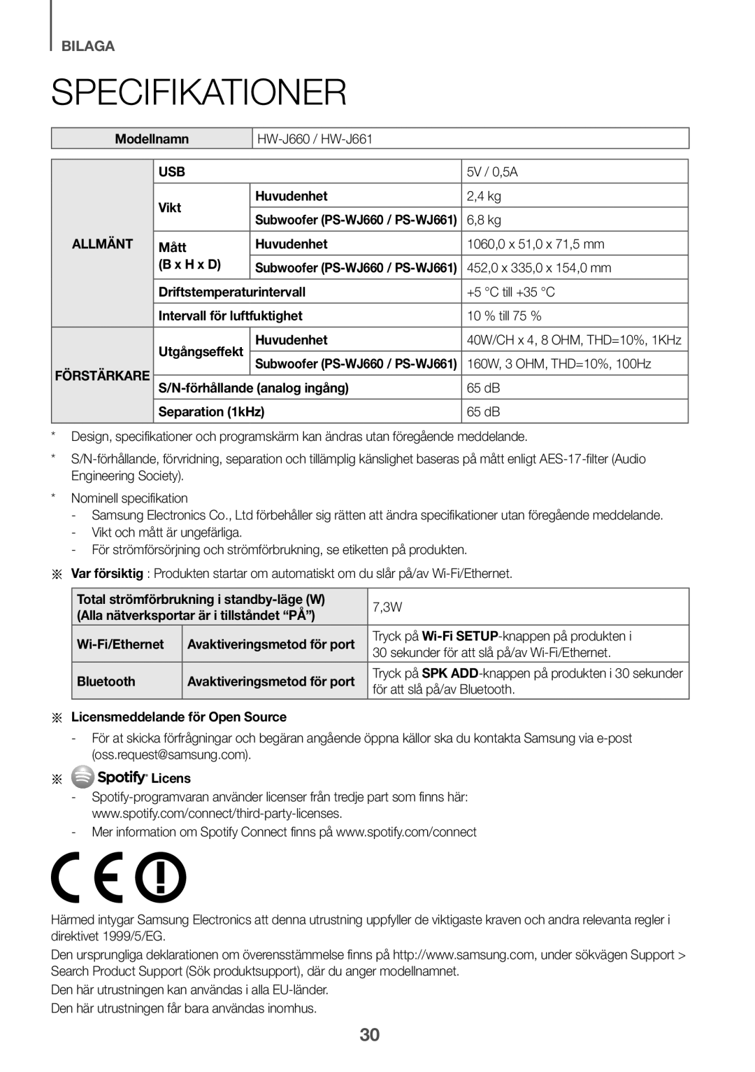 Samsung HW-J651/XN manual Modellnamn, 5V / 0,5A, Vikt Huvudenhet, Mått Huvudenhet 1060,0 x 51,0 x 71,5 mm H x D, Bluetooth 