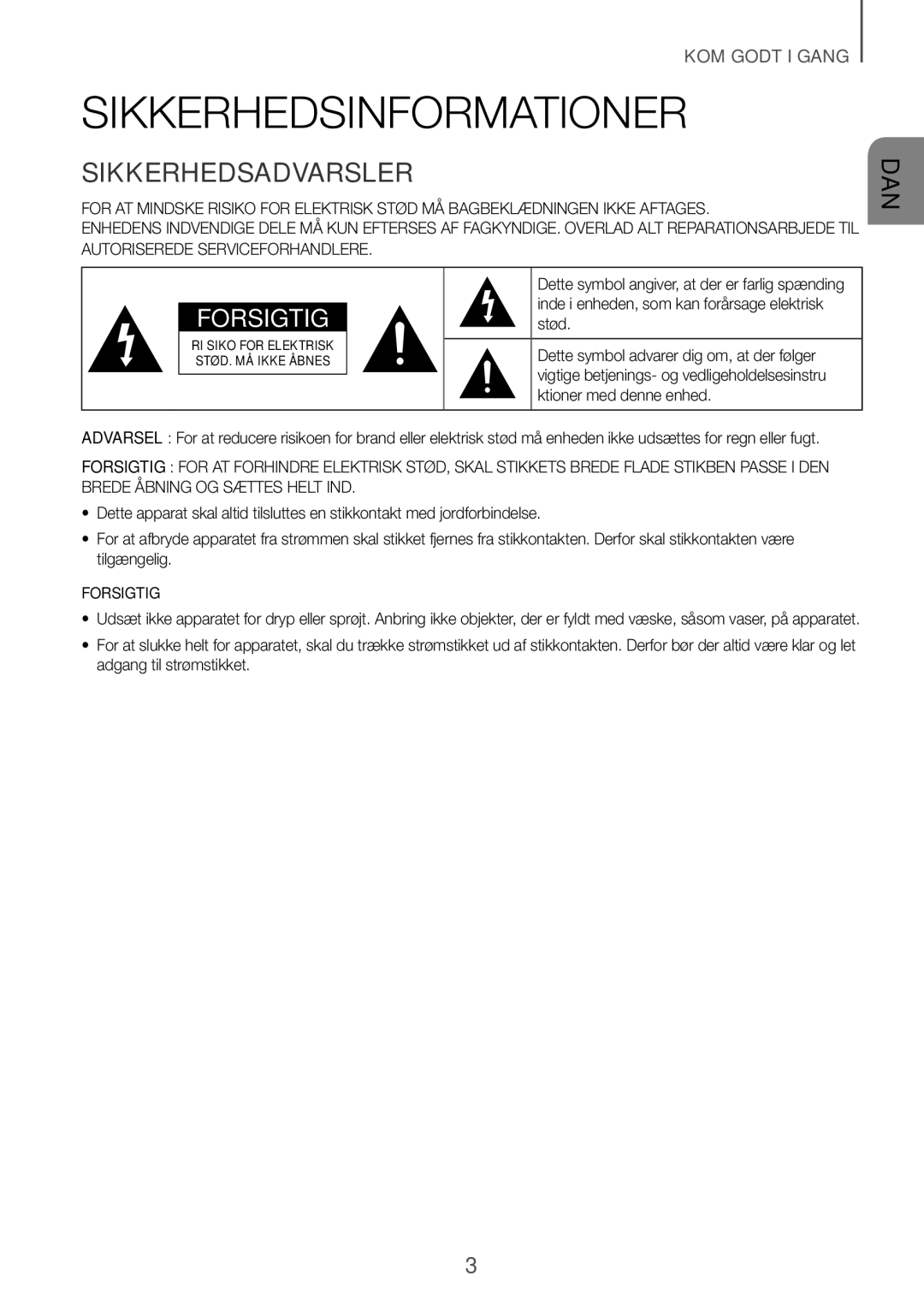 Samsung HW-J651/ZF, HW-J650/EN, HW-J651/EN, HW-J661/XE, HW-J660/XE, HW-J651/XN Sikkerhedsinformationer, Sikkerhedsadvarsler 