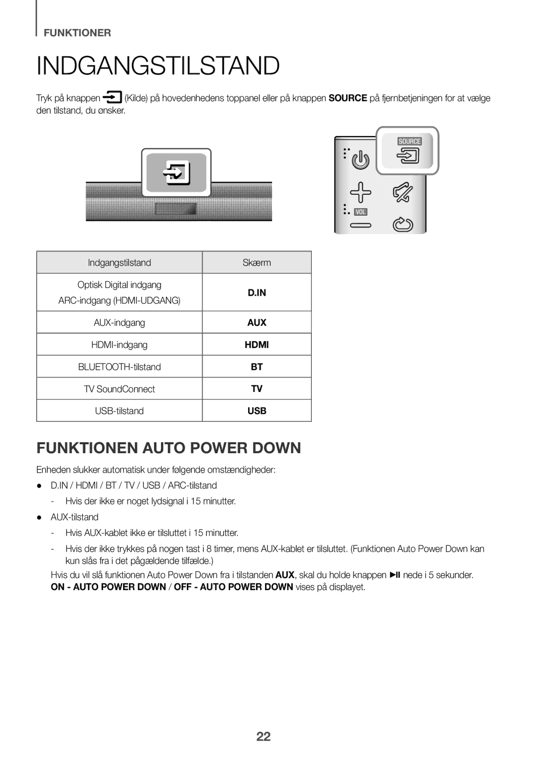 Samsung HW-J650/EN, HW-J651/EN, HW-J651/ZF, HW-J661/XE, HW-J660/XE, HW-J651/XN Indgangstilstand, Funktionen Auto Power Down 