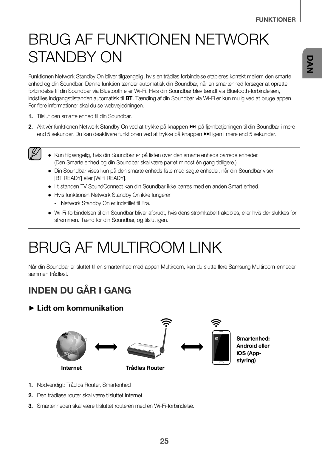 Samsung HW-J661/XE, HW-J650/EN manual Brug AF Funktionen Network Standby on, Brug AF Multiroom Link, Inden DU GÅR I Gang 