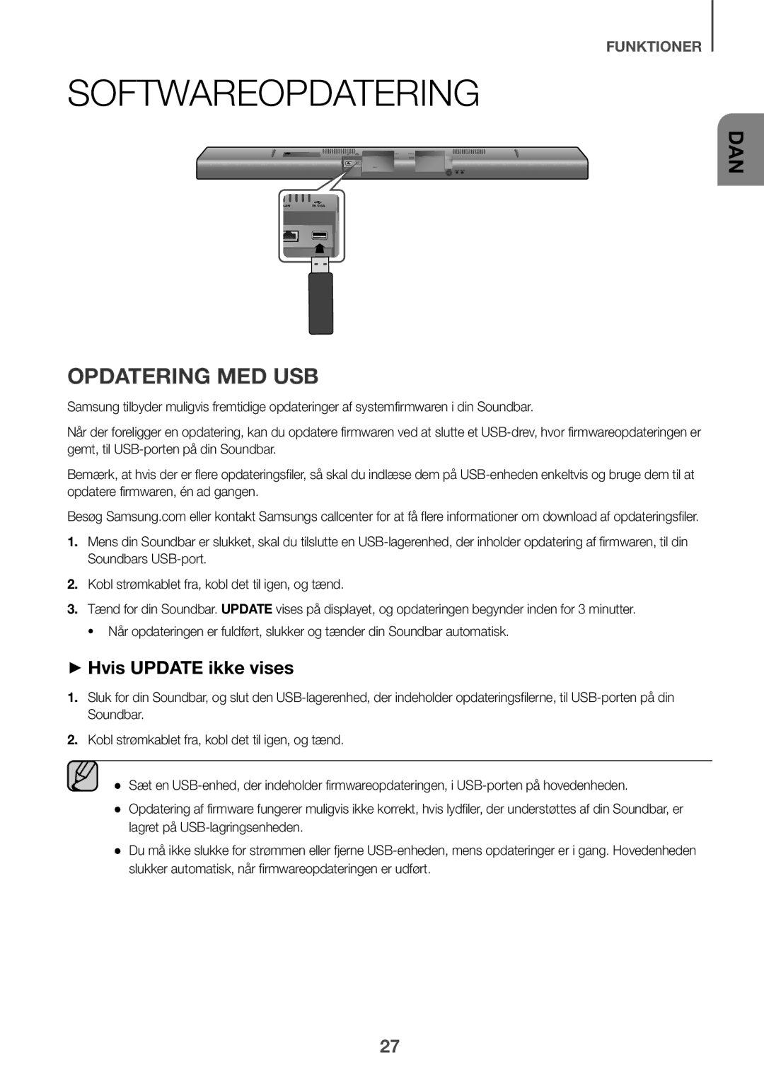 Samsung HW-J651/XN, HW-J650/EN, HW-J651/EN, HW-J651/ZF manual Softwareopdatering, Opdatering MED USB, ++Hvis Update ikke vises 