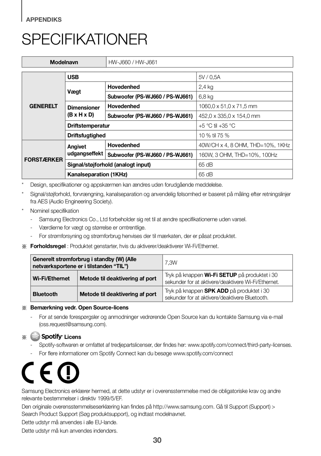 Samsung HW-J651/EN manual Modelnavn, Vægt Hovedenhed, Dimensioner Hovedenhed 1060,0 x 51,0 x 71,5 mm H x D, +5 C til +35 C 