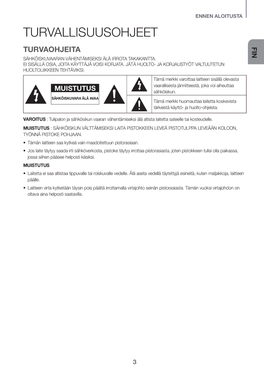 Samsung HW-J651/XN, HW-J650/EN, HW-J651/EN manual Turvallisuusohjeet, Turvaohjeita, Tärkeistä käyttö- ja huolto-ohjeista 