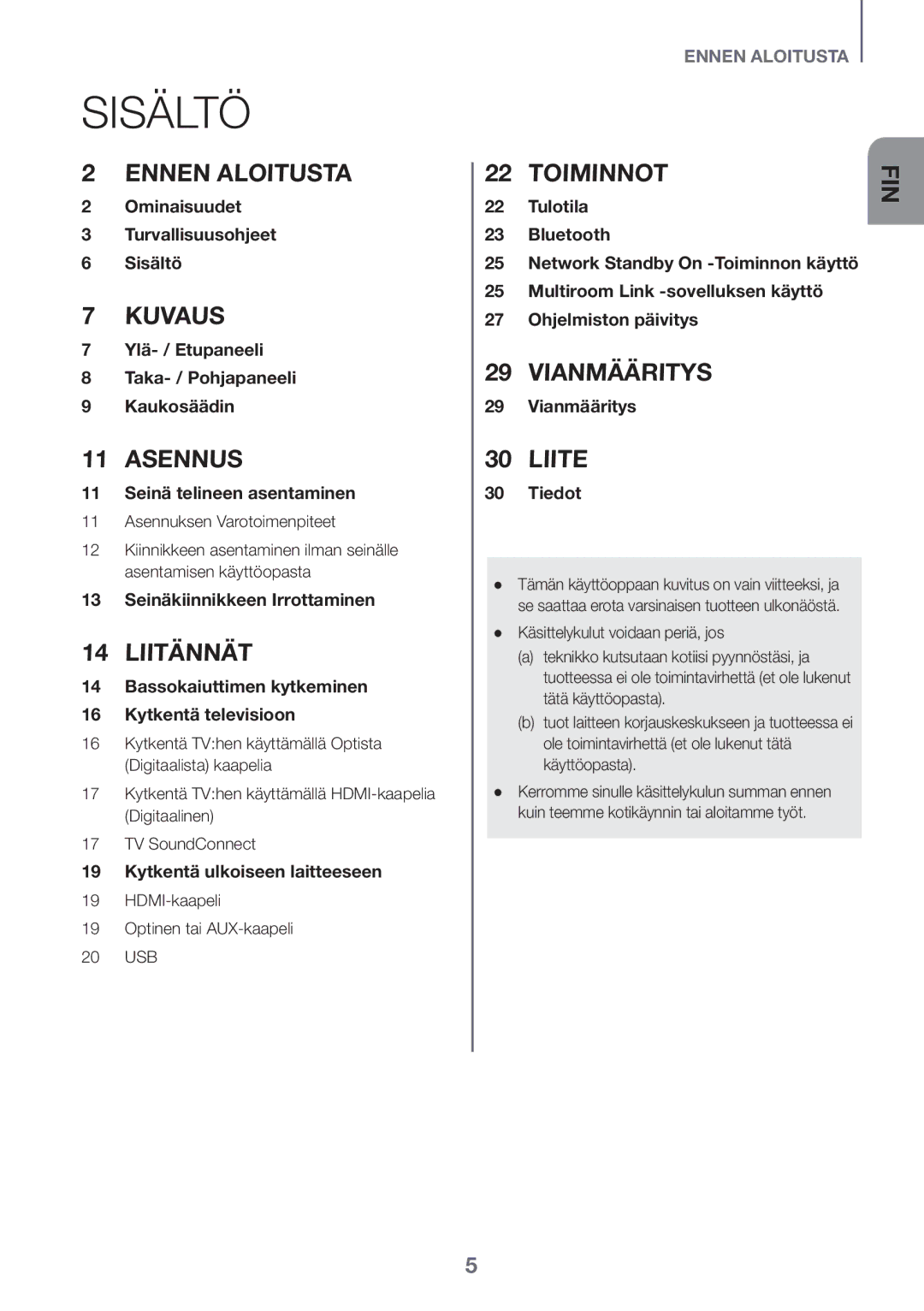 Samsung HW-J650/EN, HW-J651/EN, HW-J651/ZF, HW-J661/XE, HW-J660/XE manual Sisältö, HDMI-kaapeli Optinen tai AUX-kaapeli 20 USB 