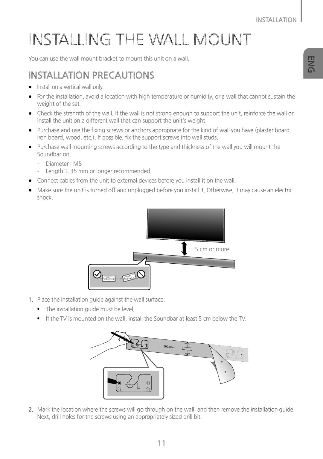 Samsung HW-J660/XE, HW-J650/EN, HW-J651/EN, HW-J651/ZF, HW-J661/XE manual Installing the Wall Mount, Installation Precautions 